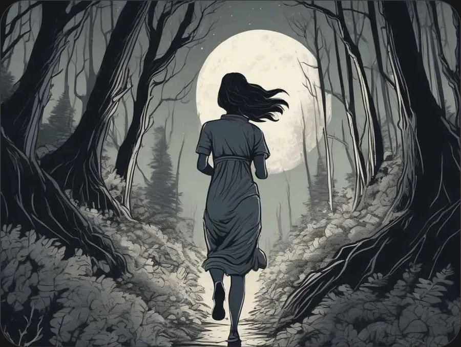 Cover art: The Midnight Hunt, a girl running through a moonlit forest