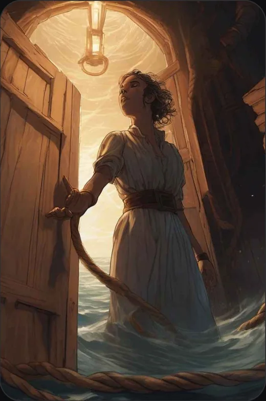 Cover art: a woman opening a door into the sea